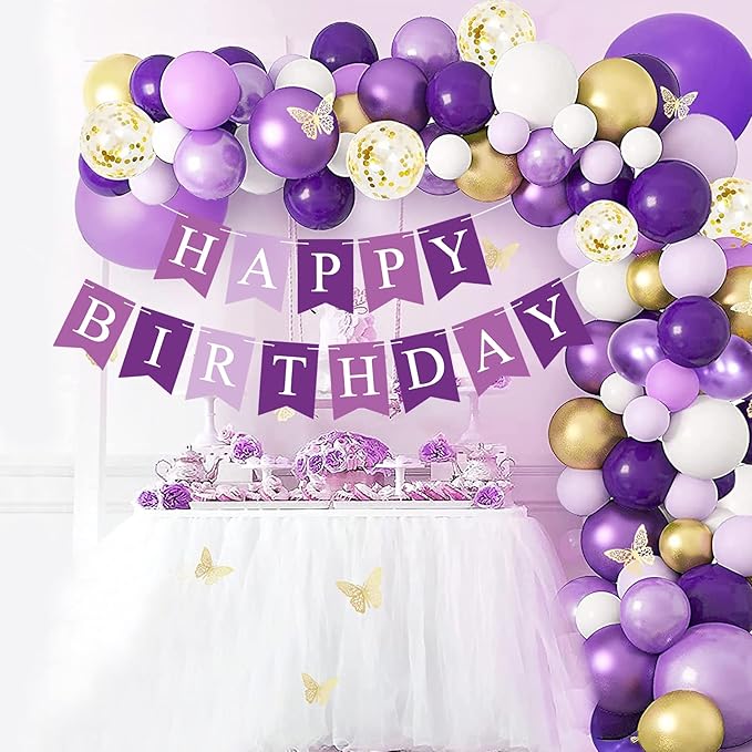 Purple Happy Birthday Banner Sign Happy Birthday Bunting Banner Garland for Kids Girl Woman Birthday Tea Party Decorations Bunting Flag Birthday Party Supplies