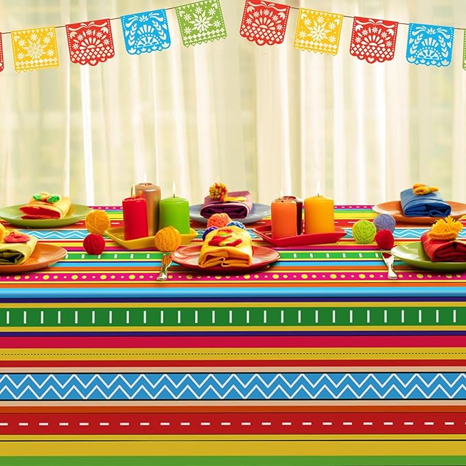 2 Pcs Cinco De Mayo Table Cloths 54 x 108 Inch Mexican Taco Night Colorful Stripe Patterns Plastic Disposable Rectangle Tablecloth for Fiesta Dining Picnic Party Table Cover Supplies