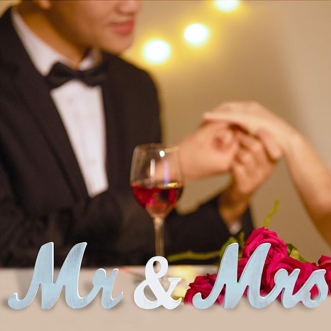 Mr Mrs Sign for Wedding Table,Mr and Mrs Wooden Letters,Large Mr. & Mrs.Party Decoration Items,Head Table Wedding Wood Letter,Blue, 12.5x7x2.5 inches
