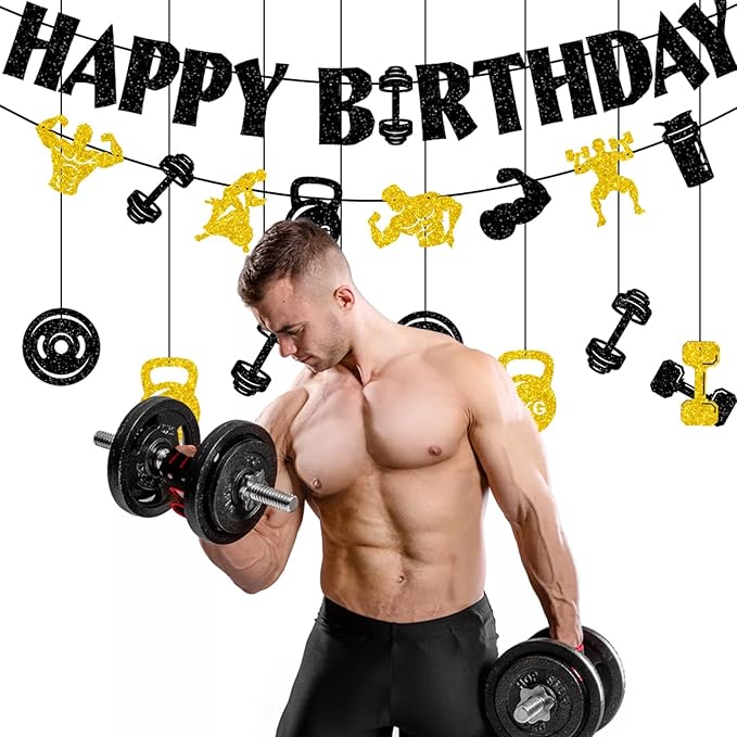 Zwiebeco Black Gold Gym Happy Birthday Banner Bunting Hanging Paper Ornament Garland Party Decorations for Fitness Dumbbells Kettlebells Weightlifting Themed Boys Mens Bday Decor Accessories Supplies