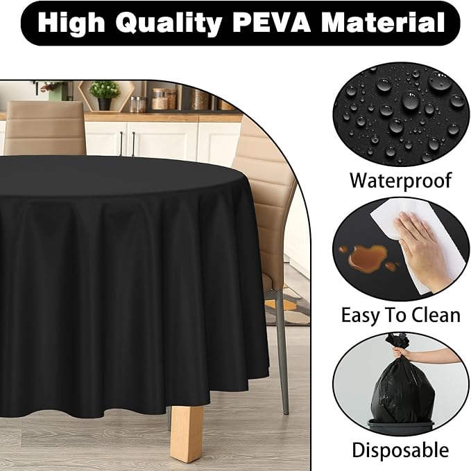Kopokita 2 Pack Black Round Disposable Plastic Tablecloths 84 inch Party Table Covers