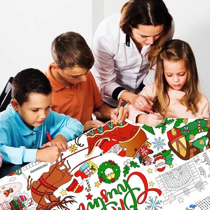 JUNQIU Christmas Coloring Tablecloth for Kids, 72 x 31Inches Giant Coloring Poster Banner - Christmas Crafts, Activities for Kids, Paper Color Tablecloths