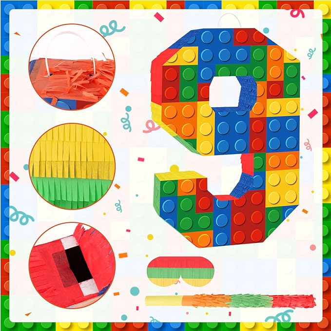 Number 9 Pinata Building Blocks 9th Birthday Party Decorations with Pinata Stick Blindfold for Kids Happy Birthday Building Block Theme Party Supplies for Boys Girls (16 x 10.6 x 3 In)