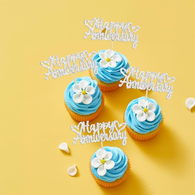 Gyufise 24Pcs Glitter Happy Anniversary Cupcake Toppers Anniversary Party Supplies Cake Decoration Wedding Celebration Party Decoration Supplies Silver