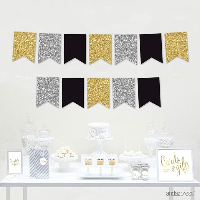 Andaz Press Hanging Pennant Banner with String, Faux Gold Glitter, Faux Silver Glitter, Black, 1-Set, 24 Pennants, Approx. 12-Feet Long, New Years Eve Theme Colored Supplies