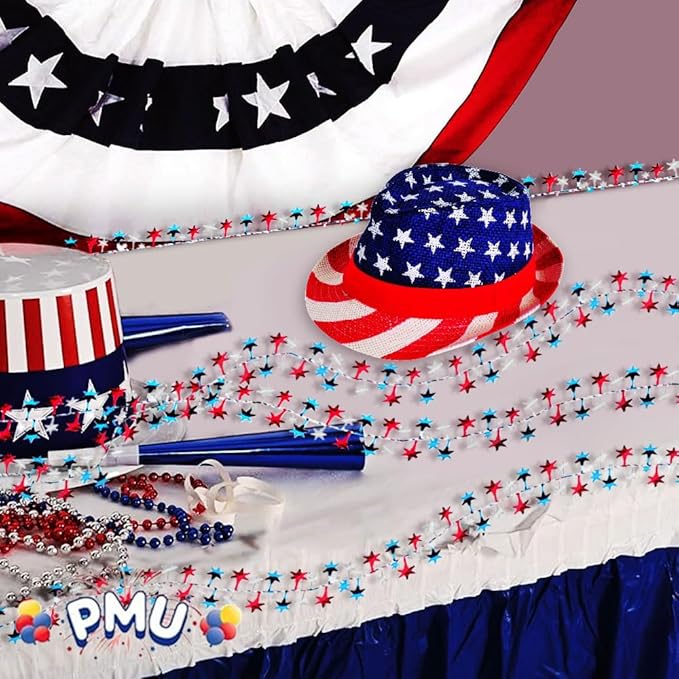PMU 75 Ft Patriotic Star Garlands with Wire, Shiny Metallic Garland for 4th of July, National Day, Independence Day, Red, White and Blue (3pc-25Ft Each)