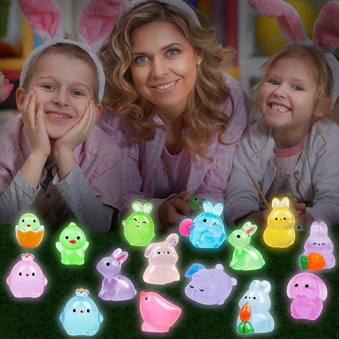 61Pcs Easter Luminous Mini Resin Figurines Miniature Figurines Tiny Small Easter Glow in The Dark Little Bunnies Chicken for Dollhouse Eggs Fillers Landscape Micro Garden Decoration Party Favors