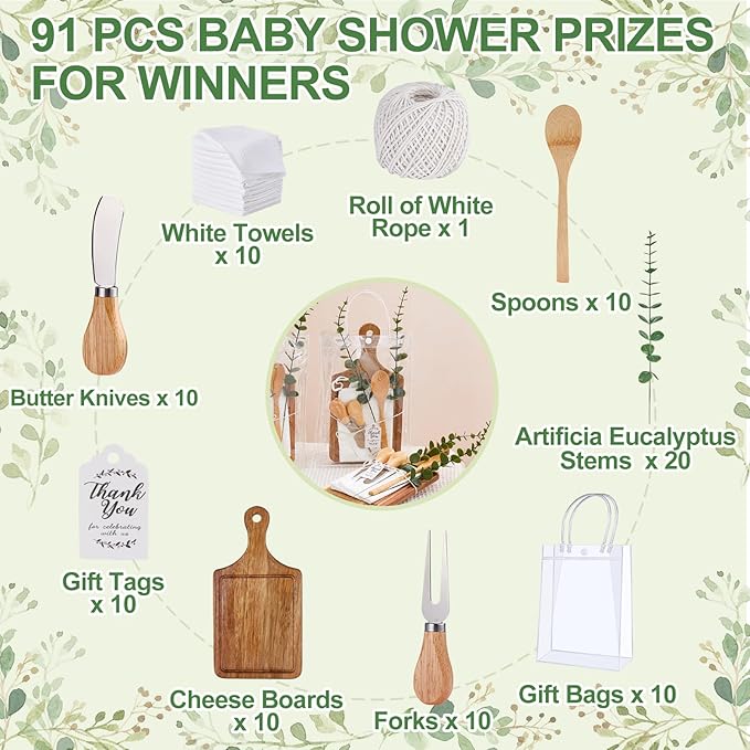 Baby Shower Prizes for Game Winners Bamboo Cheese Board Spoon Fork Butter Spreaders Plaid Towel Thank You Card and Gift Bags for Baby Shower Wedding Bridal Shower Favors (Acacia, 8 Sets)
