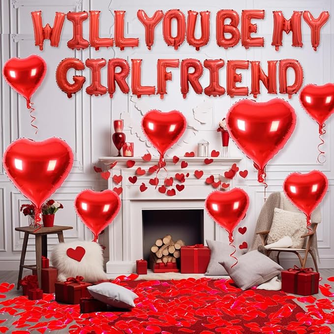 2 set 16 inch Will You be My Girlfriend Balloons and Heart Balloons with 1000 Pieces Rose Petals, Red Letter Balloon for Her Valentines Day Decorations Wedding Anniversary Engagement