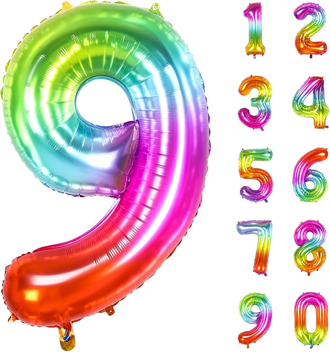 Number Balloon | Number 9 Balloon for 9th Rainbow Birthday Decorations | Giant Multicolor Mylar 9 Balloon Number - 40 Inch | Big Foil Colorful 9 Birthday Balloon for Anniversary Party Supplies Favors