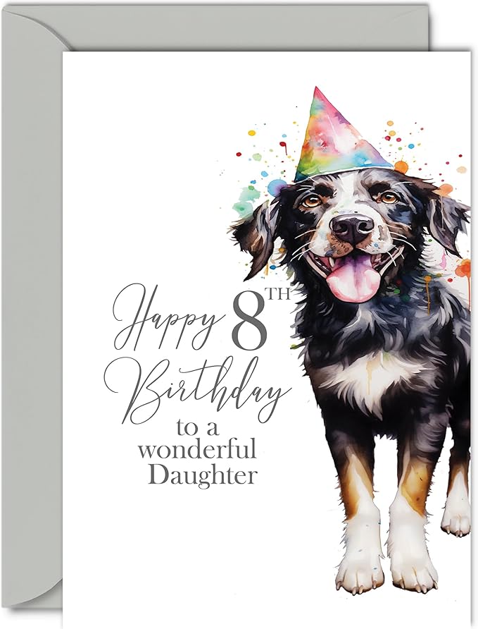 8th Birthday Cards for Daughter - Party Dog - Happy Birthday Card for 8 Year Old Daughter from Dad Mom, A5 Bday Girls Girl Kids Greeting Cards Gift for Daughter Birthday Gifts