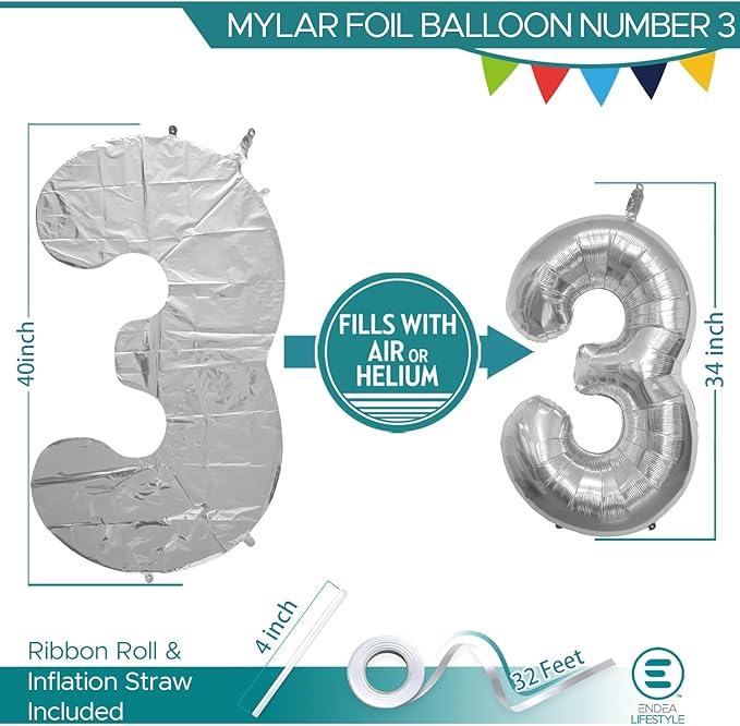 40 Inch Large Silver Number Celebration and Decoration Balloon for Birthday Parties, Graduations, Anniversaries, Weddings, Photo Shoots, Special Events - Helium Foil (Silver Number 3)