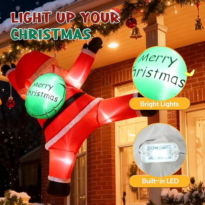 JOYHALO 6FT Christmas Inflatables Hanging Santa Claus Decorations Outside, Santa Hanging from Roof with Gift Bag, Build-in LED Lights, Blow Up Yard Decorations for Indoor, Lawn, Party Decor