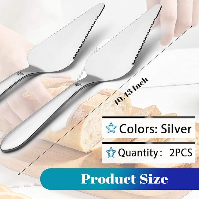Cake Pie Server Set for Wedding, Elegant Pizza Slicer Server Set with Stainless Steel Big Serrated Edges, Cake Cutter Pie Spatula for Birthday Anniversary, 2 Pcs, Silver