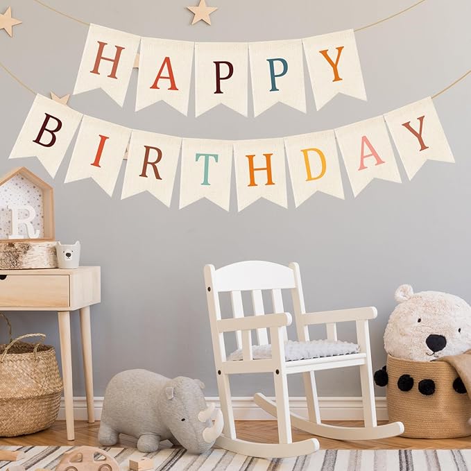 Doumeny Happy Birthday Burlap Banner Boho Birthday Garland Bunting Bohemian Party Hanging Flag White Happy Birthday Bunting Garland Rainbow Party Banner for Women Men Birthday Kid Photo Backdrop