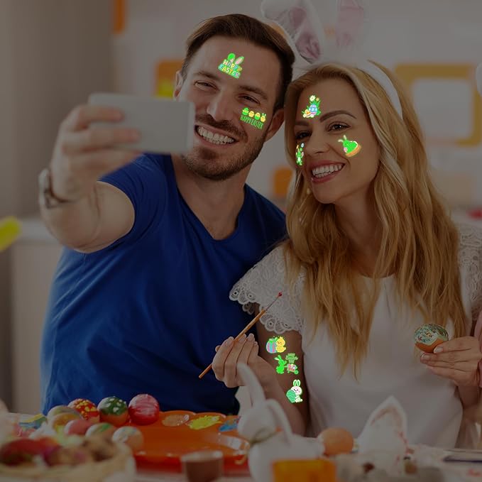 150 PCS Luminous Easter Tattoos, 25 Styles Glow Easter Stickers for Easter Basket Stuffers, Waterproof Easter Temporary Tattoos with Bunny Egg Chick for Easter Basket Filler Party Favors