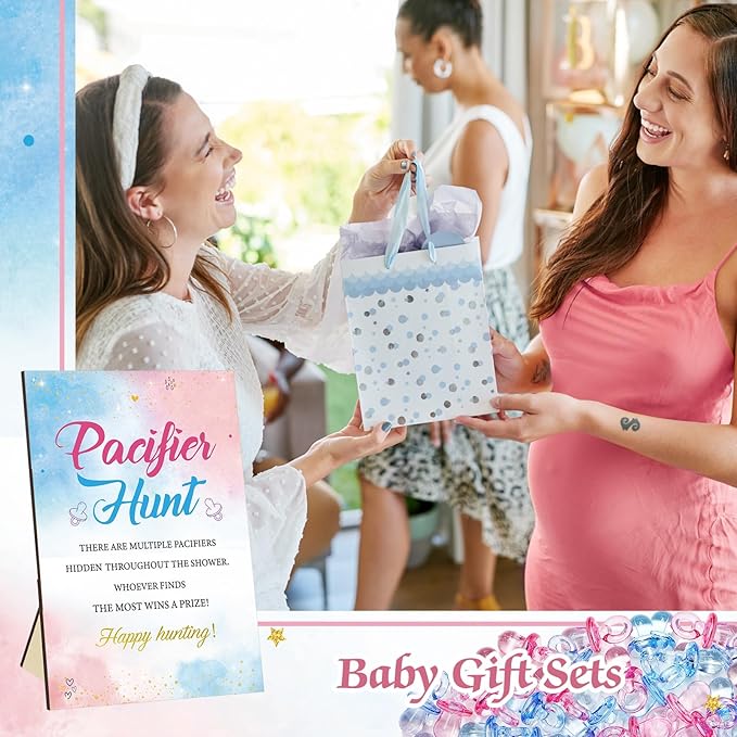 Thyle 51 Pcs Gender Reveal Pacifier Hunt Baby Shower Games Pink Blue Gender Reveal Game Decoration Include Hunt Sign and 50 Acrylic Pacifiers for Baby Shower Game Gift Set Boy or Girl Party Decoration