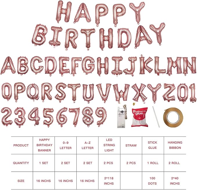 [85 PCS] 16" Foil Personalized Name Happy Birthday Balloons Letters, Mylar Aluminum Custom Name and Age Letter Balloons, 2 Sets A- Z & 0-9 for Birthday Party Graduation, Mother's Day Event (Rose)