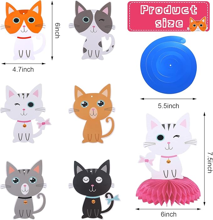 Chinco 16 Pcs Cat Theme Birthday Party Decorations Party Supplies Kit, Includes Cat Party Banner with 6 Hanging Cutouts 6 Hanging Swirl Decor and 3 Birthday Honeycomb Party Decoration(Cool Style)
