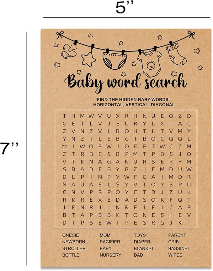 Baby Shower Game, Baby Word Search Game Cards, Baby Shower Party Games Supplies & Activities, Party Activities Ideas Supplies, Baby Shower Ideas, 30 Game Cards Included, Kraft