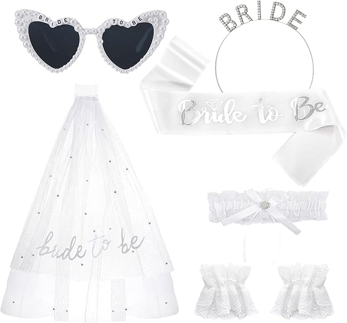 6 Pack Bachelorette Party Accessories with Heart Sunglasses Bride to Be Headband Sash and Veil White Lace Garters and Gloves for Bride Wedding Bridal Shower Bachelorette Party Favors
