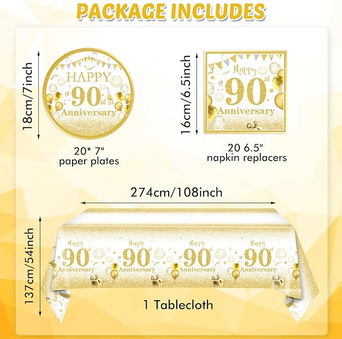 41PCS Golden Birthday Party Decorations 90th Party Tableware Set 1936 90th Theme Birthday Party Table Decoration Supplies Cheers to 90 Years Paper Plate Napkin Tablecloth for Party Anniversary