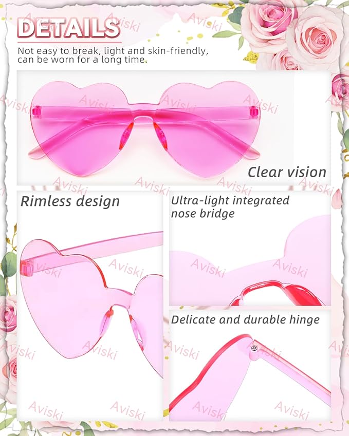 11 Pairs Heart Shaped Glasses Rimless Frameless Sunglasses Transparent Tinted Eyewear, 1 Bride + 10 Team Bride Glasses Bachelorette/Wedding Party Bridal Shower Party Favours Photo Booth Props