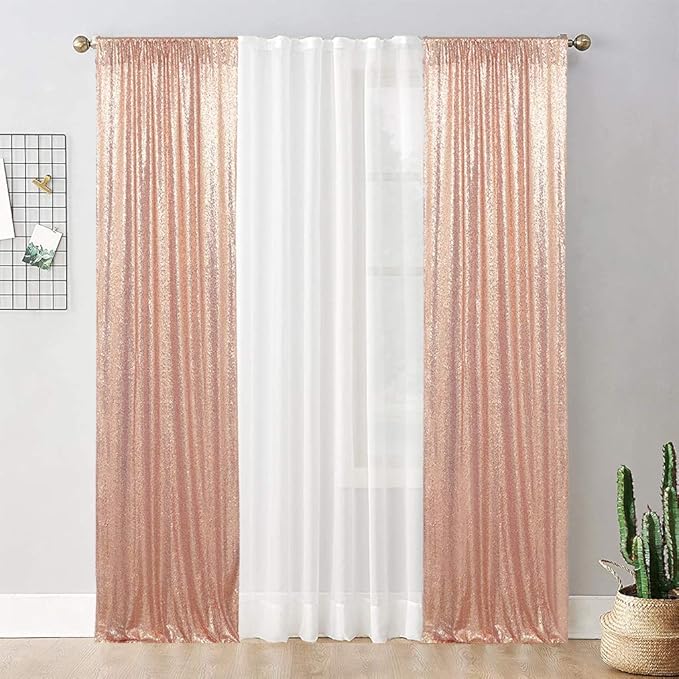 Juya Delight 2ft x 8ft x 2Pcs Rose Gold Sequin Photography Backdrop Curtain for Party Banquet Festival Wedding Anniversary Exhibition
