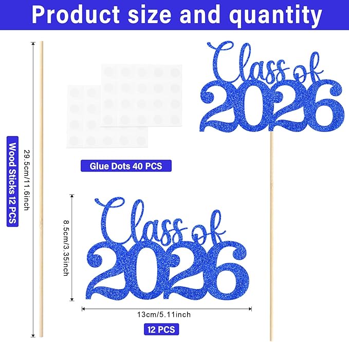 2026 Graduation Decorations, 12Pcs Class of 2026 Graduation Centerpieces for Tables, Double Sided Table Toppers for Grad Party Supplies (Blue)