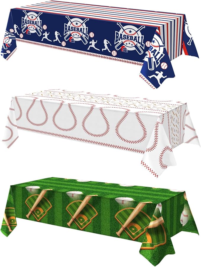 OQOQ Baseball Party Decorations Tablecloth(3 Packs), 108x54 Inches Baseball Birthday Decorations Table Cloth Disposable Plastic Table Cover for Major League Fall League Sport Party Supplies