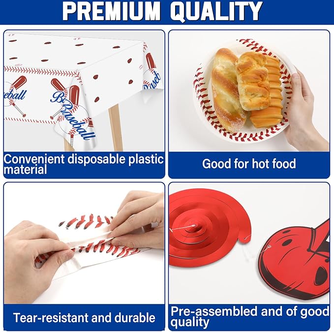 184 PCS Baseball Birthday Party Decorations Pack Baseball Party Supplies Tableware Set Including Happy Birthday Banner, Plates and Napkins, Knives, Forks, Cups, Swirls, Tablecloth for Baseball Party