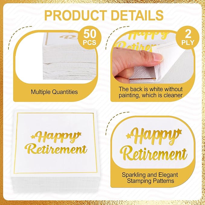 Vuzvuv 50 Pack Happy Retirement Cocktail Napkins - Disposable Paper Hand Napkins for Retirement Parties Farewell Gatherings Office Send-Off Party Decorations Table Decor (5" Folded 2 Ply - White)