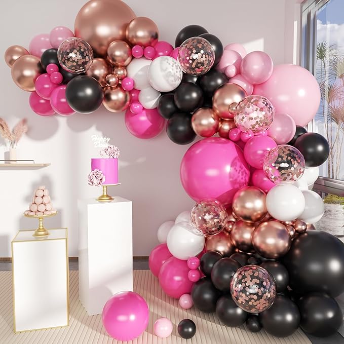 Hot Pink Black and Gold Balloon Arch Kit, 141Pcs Rose Red Black Dusty Rose Gold Metallic Pastel Pink White Balloons for Birthday Wedding Bachelorette Gender Reveal Anniversary