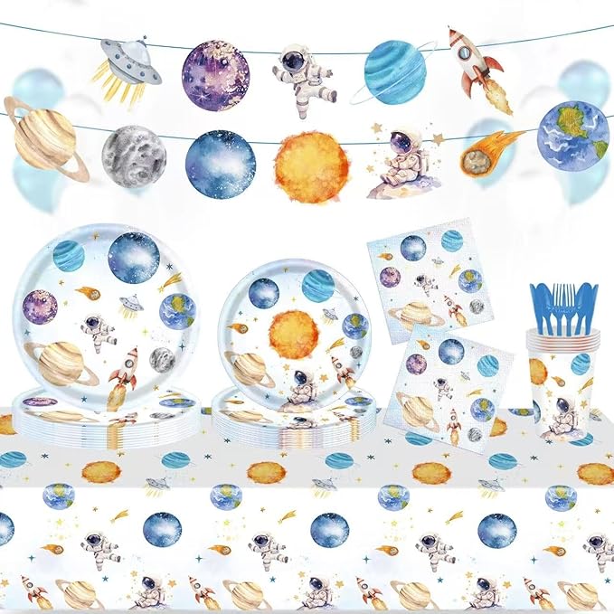 142PCS Space Themed Paper Plates Party Supplies Decorations, Birthday Paper Plates First Trip Around The Sun Astronaut Planet Cake Plate Tableware Dinner Set for Boys Girls Birthday Shower Forks