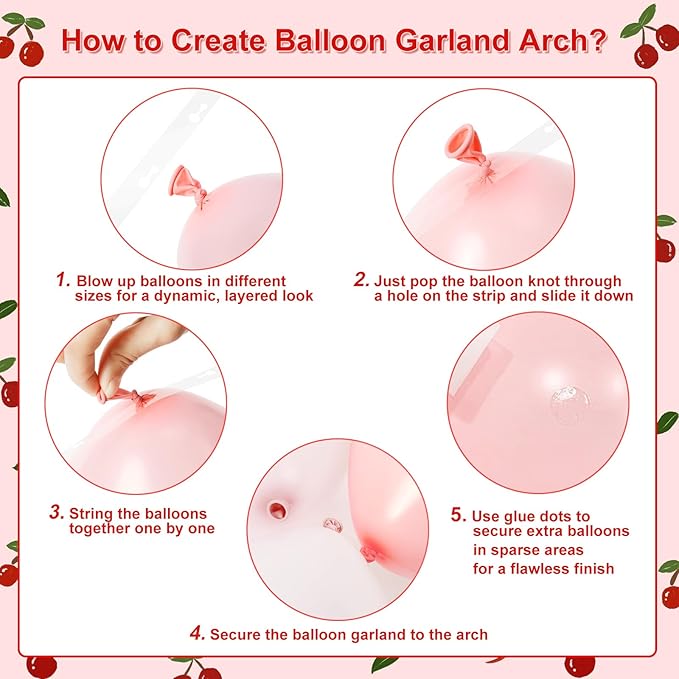 CROSSFINGERS Cherry Red Balloon Garland Arch Kit, Bow Pastel Pink and White Birthday Balloons Garland for Cherry Themed Birthday Baby Shower Wedding Galentine's Bridal Shower Party Decorations