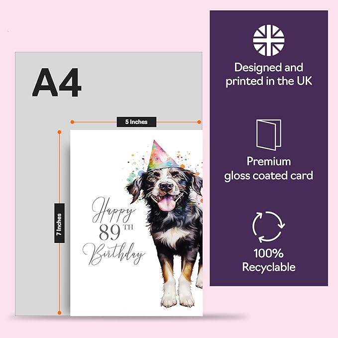 89th Birthday Cards for Women Men - Party Dog - Happy Birthday Card for 89 Year Old Woman Man Nan Grandma Grandad Mum Dad Auntie Uncle Cousin, 5x7 Inch Bday Greeting Cards