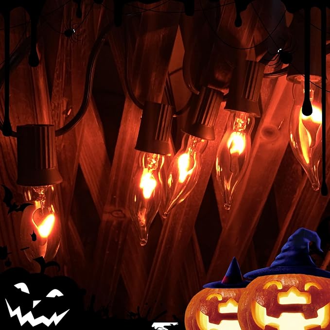 10 FT Flickering Flame Light String, C18 Halloween Decoration Light String, with 10 Clear Flame Bulbs, for Outdoor Indoor Home Halloween Christmas Decorations, E12 Base - Black Wire