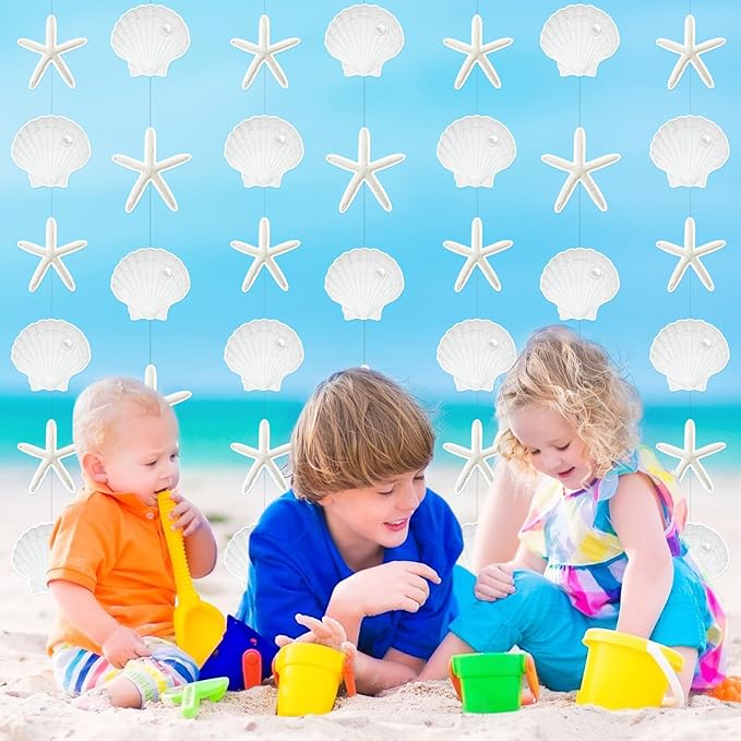 Xinnun Coastal Party Decorations White Finger Starfish and Seashell Garland Ocean Nautical Theme Cutouts Ribbon Streamers for Under The Sea Beach Mermaid Birthday Beach Wedding Decor