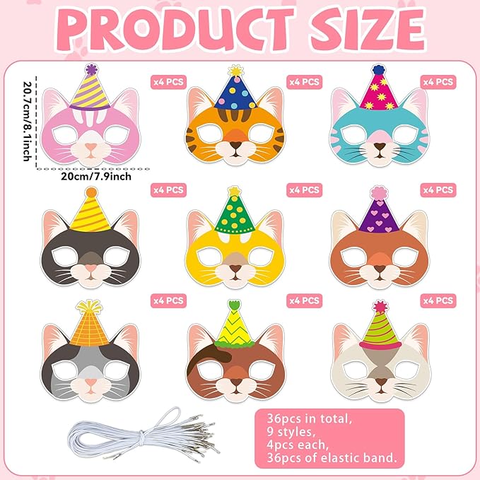 36 Set Cat Coloring Mask Animal Paper Arts Crafts Kids Color Your Own Birthday Cat Blank DIY Mask Masquerade Birthday Party Dress-Up Decoration Favor School Classroom Activity Game Supplies