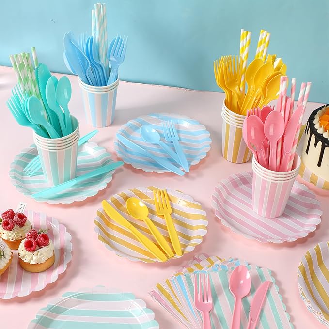 220 Pcs 24 Guests Pastel Stripe Party Decoration Supplies, 7 and 9 Inch Pastel Disposable Paper Plate, Napkins Paper Cup with Straws for Tableware Birthday Wedding Baby Shower Spring Picnic