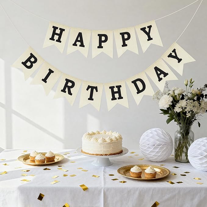 Anwyll Happy Birthday Banner - NO DIY Burlap Happy Birthday Banner Sign Happy Birthdays Party Decoration Happy Birthdays Banners Bunting for Women Men Girl Boy Celebration Party Backdrops (Black)