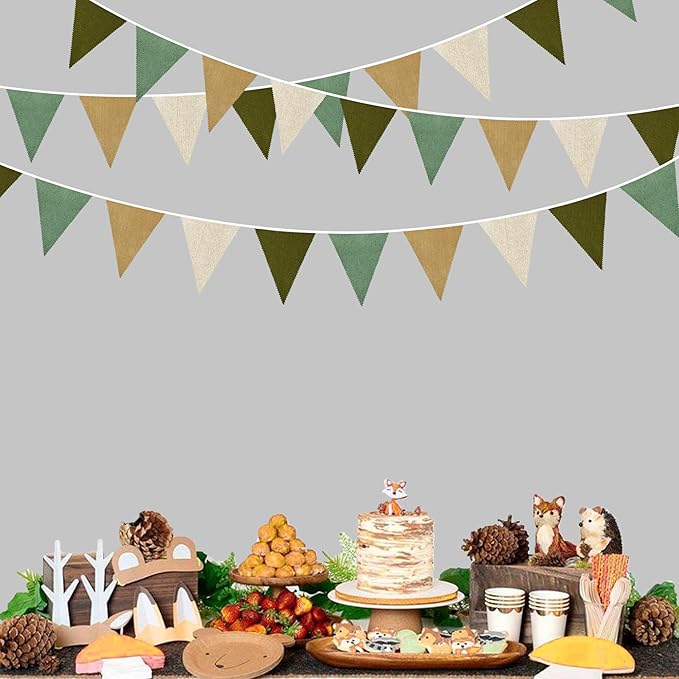 46Ft Camping Party Decorations Sage Green Brown Burlap Banner Triangle Pennant Flag Linen Bunting Garland Streamers for Jungle Safari Birthday Wedding Woodland Baby Shower Summer Party Decorations