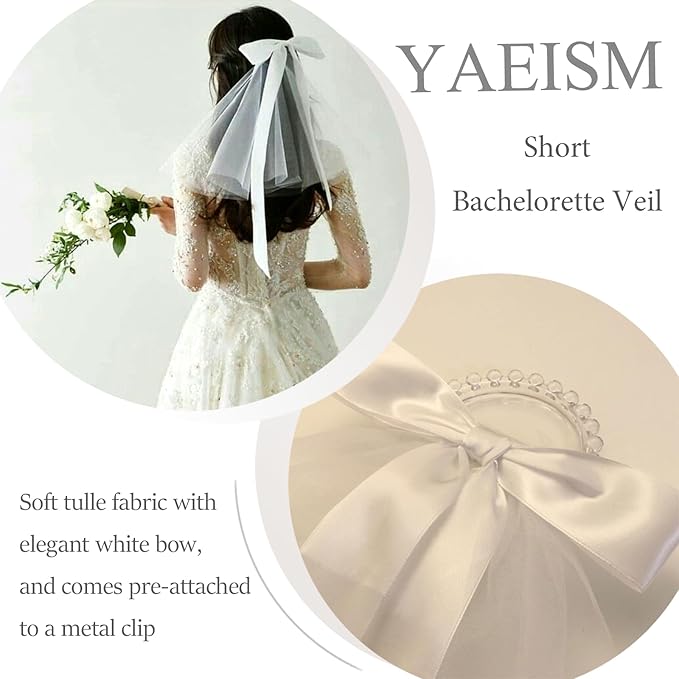 Bridal Veil Bachelorette Party Veil White Bow Wedding Veil Elegant Tulle Layer Hair Clip for Women and Girls