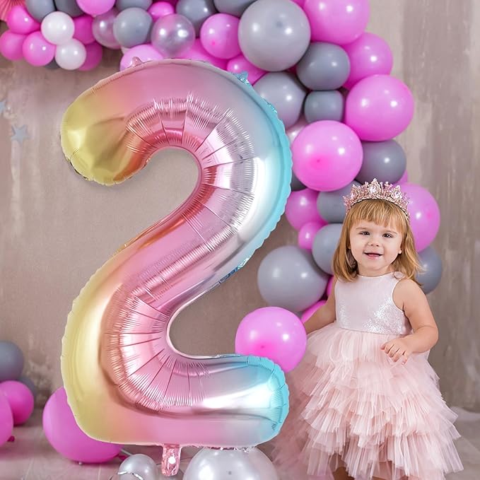 Rainbow Gradient Number 2 Balloon, 40 Inch Big Large Foil Number Balloons, Jumbo Mylar Number 2 Balloons for 2 Second Birthday Party Decorations Supplies Anniversary Celebration