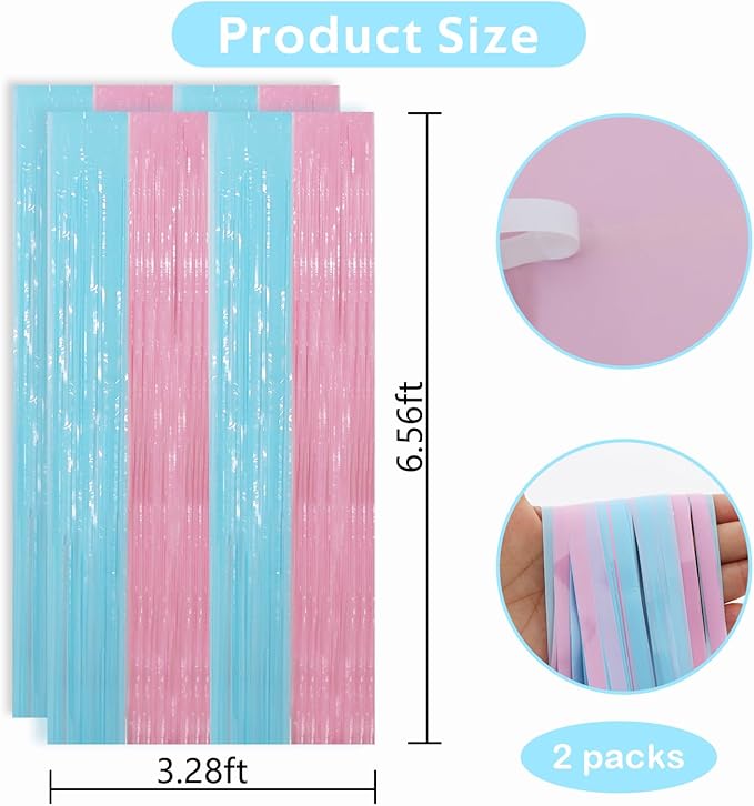 TONIFUL Light Pink Light Blue Door Streamers,Black and Pink Photo Booth Backdrop Metallic Streamers Foil Fringe Curtain for Birthday,New Year,Graduation,Grad,Baby Shower Party Streamers Decoration