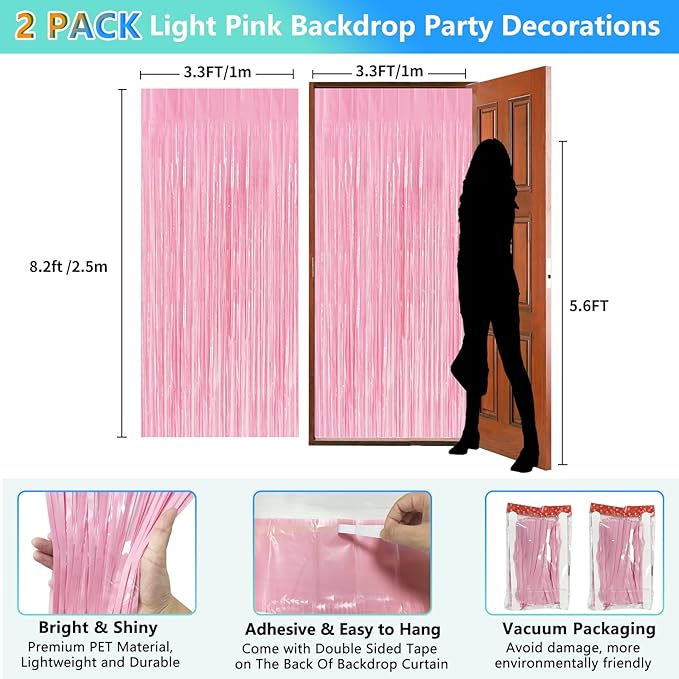 Pastel Pink Birthday Party Backdrop Decorations Foil Fringe Curtain 3.3x8.2ft 2 Pack, Pink Streamers Background Party Decorations Wall Door Hanging for Baby Valentines Barbie Princess Bachelorette