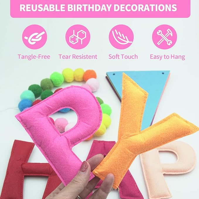 Pre-Strung Felt Happy Birthday Banner with Balloons Kits, Colorful Rainbow Decorations Reusable 3D Happy Birthday Sign for Girls Kids Women, Wrinkle-Free Banner Party Deco for Wall Party Supplies
