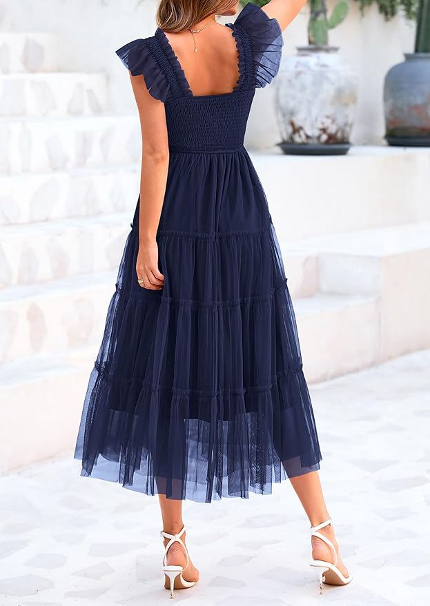 PRETTYGARDEN Women's Summer Tulle Midi Dress Sleeveless Smocked Ruffle Flowy Mesh Dresses Party Wedding Guest Sundress