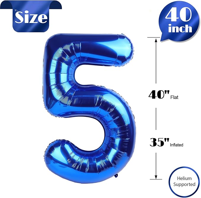 Metallic Blue Number 5 Balloon 40 Inch, 5 Balloon Number, 5th Birthday Decorations, Navy Blue Party Supplies for Boys Girls