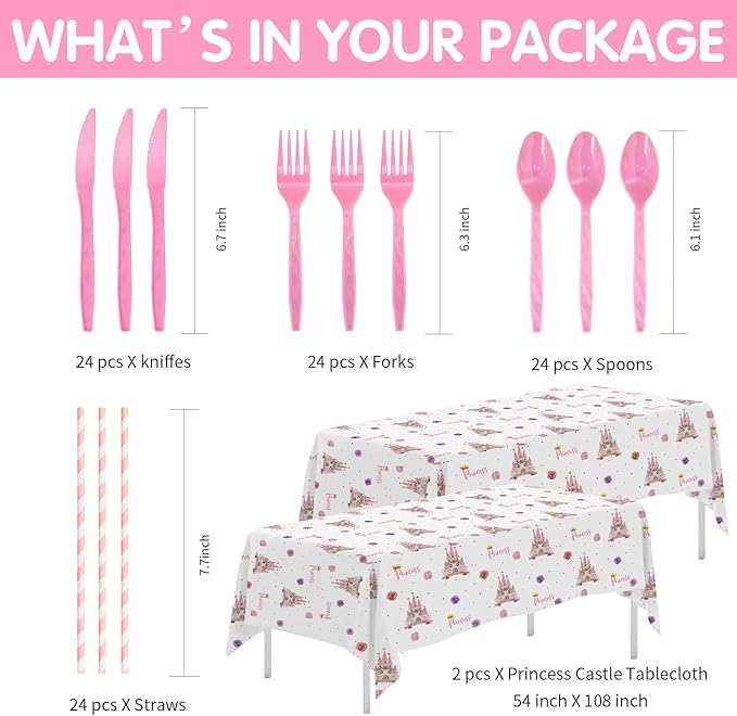 Princess Party Decorations Tableware - Princess Birthday Party Supplies Include Plates, Cups, Napkins, Tablecloth, Cutlery, Straw, Girl Birthday Baby Shower Party Decorations | Serve 24
